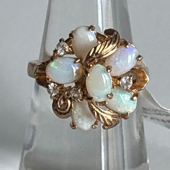 NWT heavy yellow 18kt gold electroplate ring Sz 7 w/6 opals floral - Picture 9 of 9